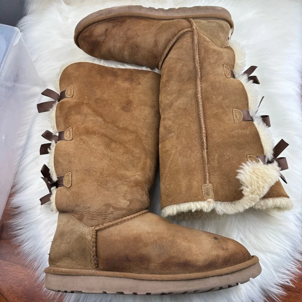UGG Pull Up Bows Tan Winter Boots Size 9 Woman - Picture 7 of 15